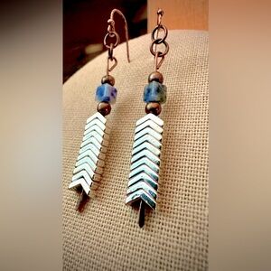 🪶😇 Sodalite & Silver Czech Glass Chevron Copper Earrings❣️